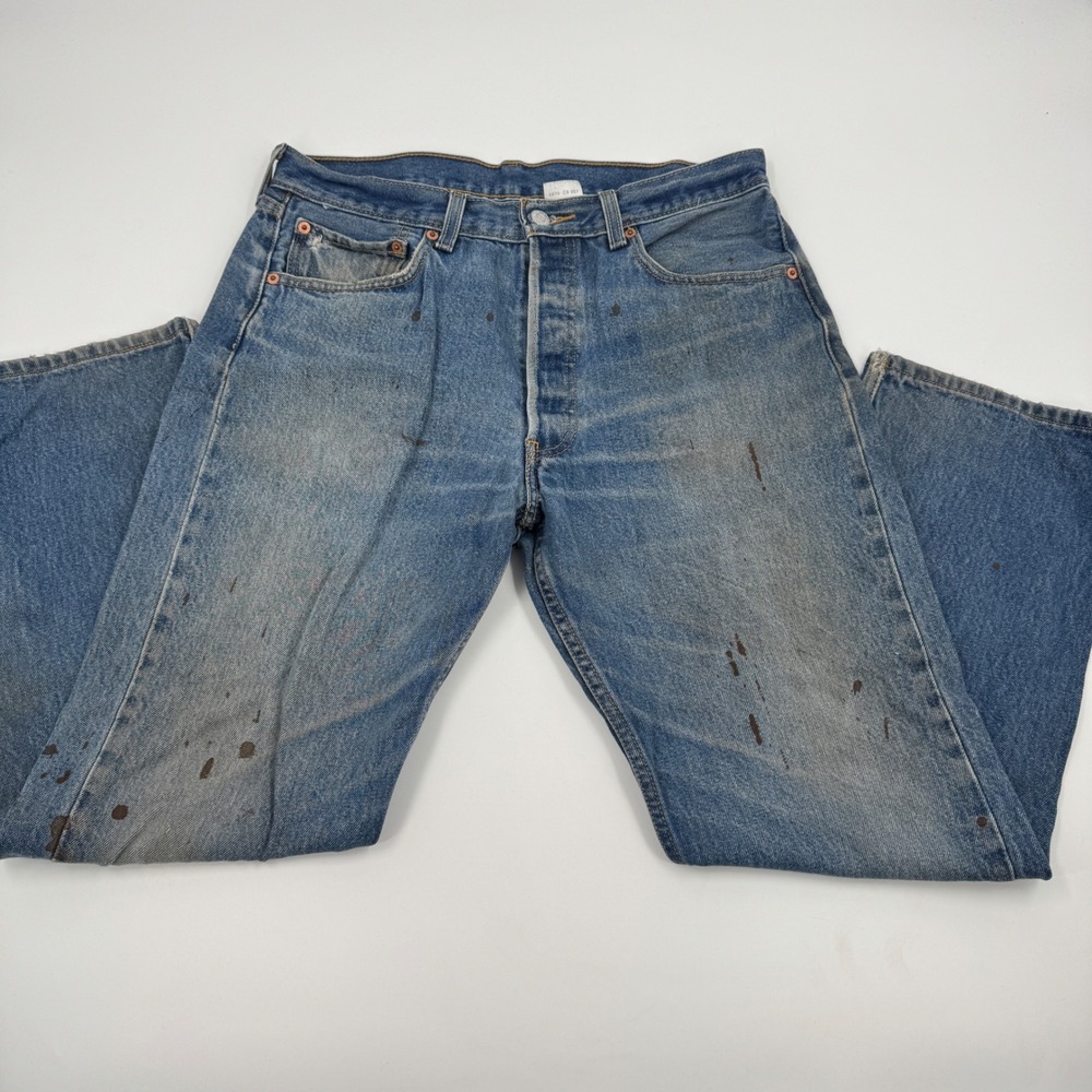 Levis 501 Original Fit Jeans Mens 34x31 Blue Distress Paint Splatter Button Fly